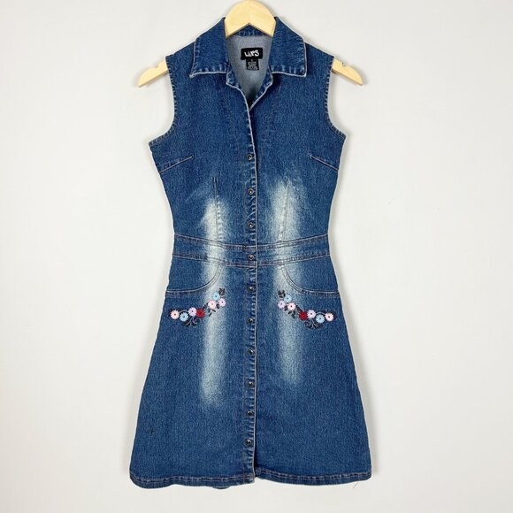 Vintage Y2K Lips Denim Boho Embroidered Dress Western Size Small Women's - Picture 1 of 5